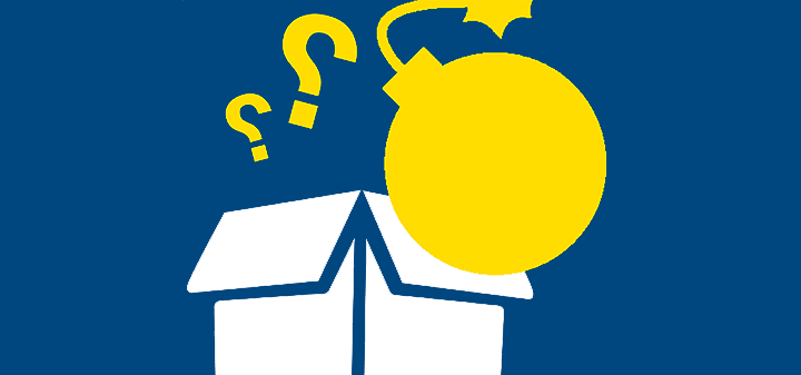 炸弹威胁图标，白色盒子与黄色炸弹和蓝色背景上的问号