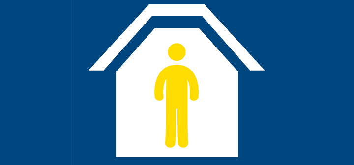 避难所的位置图标，白色的房子里有黄色的人在蓝色的背景